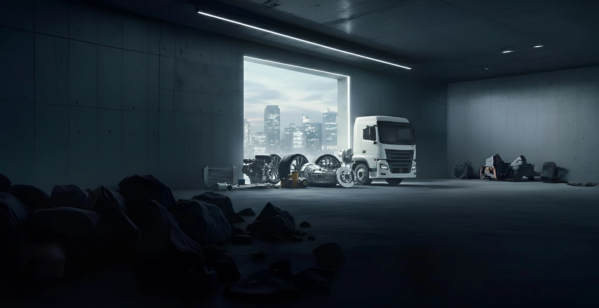 White cargo truck in a modern industrial bay with automotive parts and tires on display.